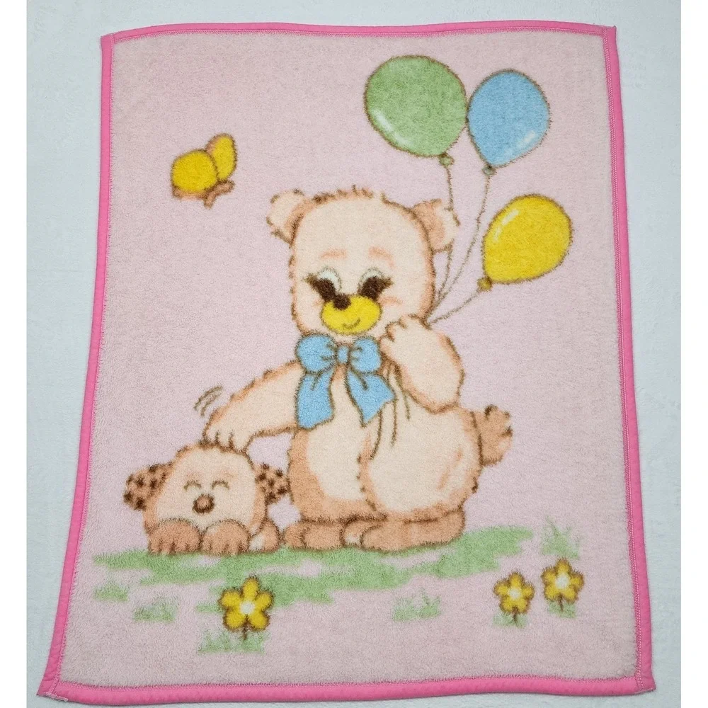 Vintage Baby Blanket Teddy Bear Balloons Puppy Butterfly Mink Plush Pink 45x37